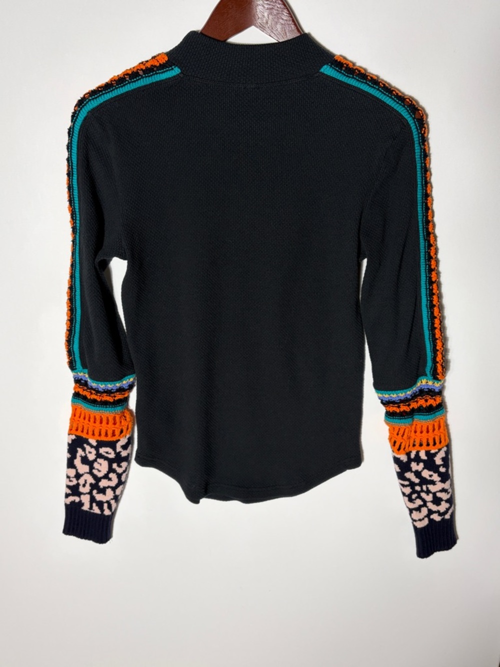 Free People Black Knit Sweater Crochet Sleeve Boho Medium - Picture 2 of 4